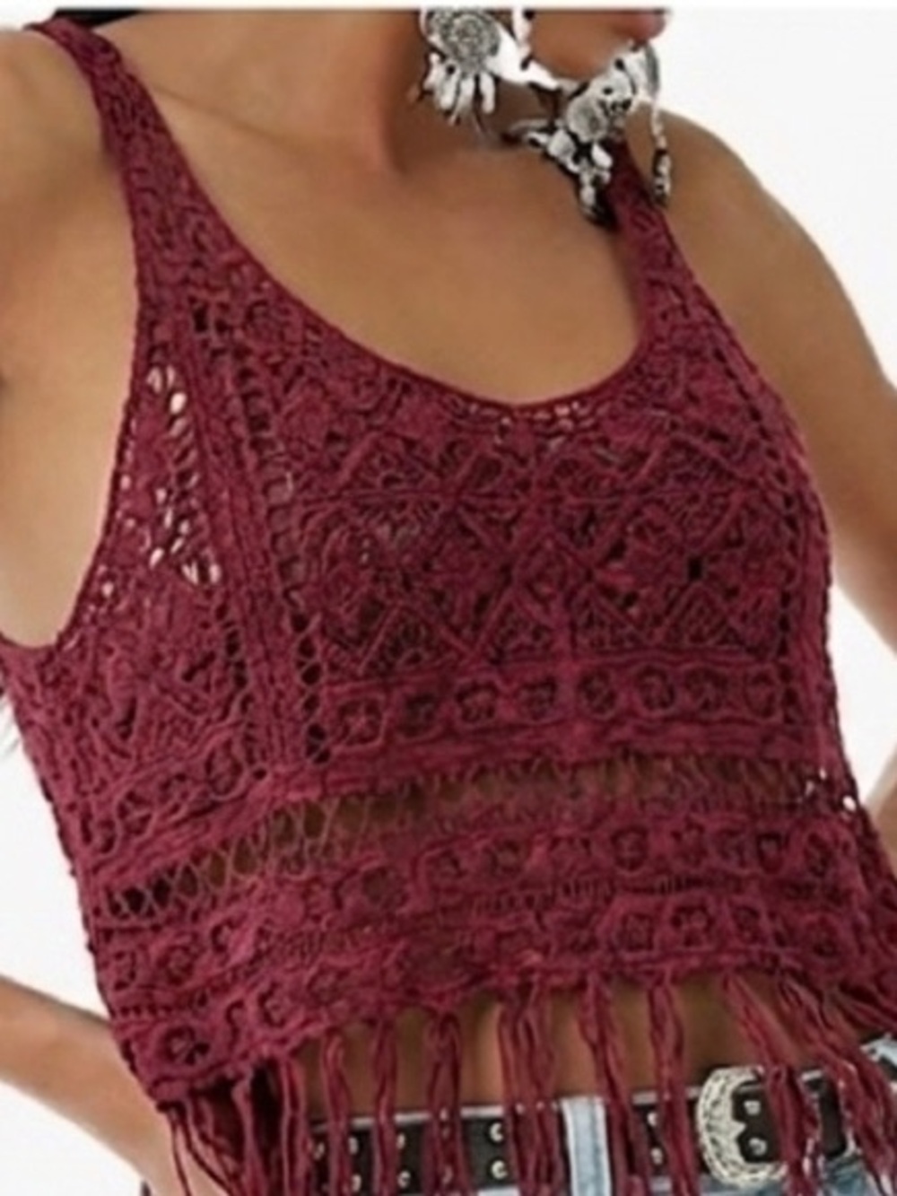 Women's Crochet Boho Cami Tank Top Fringe Tassel Knit Crop V-Neck